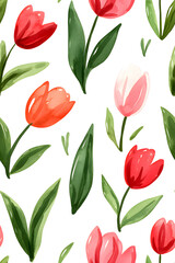 Obraz premium Watercolor seamless pattern of cute minimalistic tulips. Red and green colors isolated on white backdrop