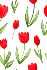 Obraz premium Watercolor seamless pattern of cute minimalistic tulips. Red and green colors isolated on white backdrop