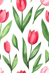 Fototapeta premium Watercolor seamless pattern of cute minimalistic tulips. Red and green colors isolated on white backdrop
