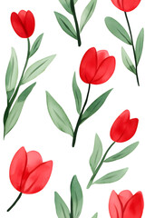 Obraz premium Watercolor seamless pattern of cute minimalistic tulips. Red and green colors isolated on white backdrop