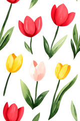 Obraz premium Watercolor seamless pattern of cute minimalistic tulips. Red and green colors isolated on white backdrop