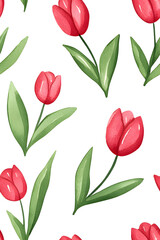 Obraz premium Watercolor seamless pattern of cute minimalistic tulips. Red and green colors isolated on white backdrop