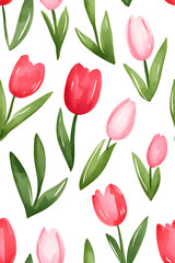 Fototapeta premium Watercolor seamless pattern of cute minimalistic tulips. Red and green colors isolated on white backdrop
