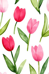 Obraz premium Watercolor seamless pattern of cute minimalistic tulips. Red and green colors isolated on white backdrop