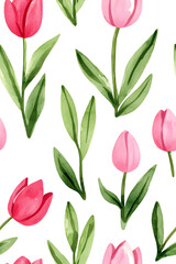 Obraz premium Watercolor seamless pattern of cute minimalistic tulips. Red and green colors isolated on white backdrop