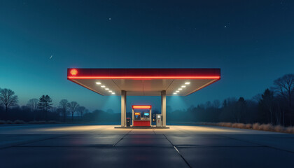 Shell Gas Station Illuminated Under Twilight Starry Sky with Expansive Copy Space
