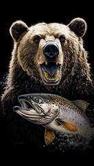 Fototapeta premium Grizzly Bear s Grip Close-up on a Brown Bear With Freshly Caught Salmon on Black Background