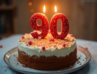 Celebrating 90th Birthday with Festive Cake and Lit Candles