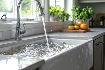 Kitchen sink with overflowing water due to clogged drain in bright space. Generative AI