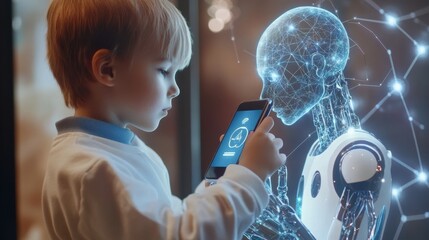 Modern technological concept of artificial intelligence and machine learning Person using smartphone with AI and search icons displayed, integration of advanced algorithms & human-computer interactio