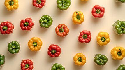 A variety of colorful bell peppers - red, yellow, and green - neatly arranged on a light, neutral background, creating a vibrant visual display.
