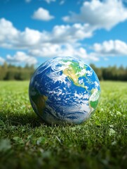Vibrant globe on lush green grass under clouds.