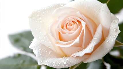 Close-up of cream-colored rose with water droplets, symbolizing beauty and purity