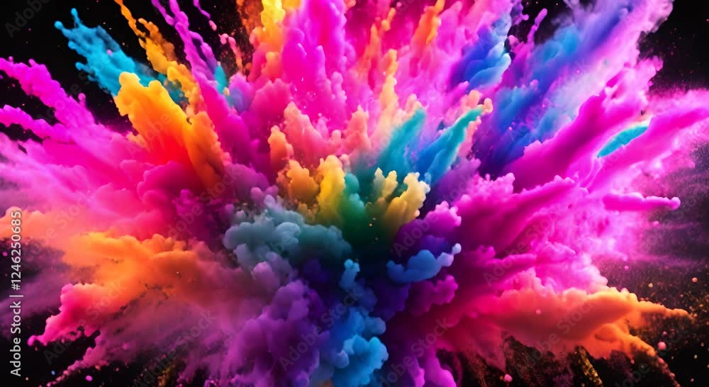 Poster explosion of bright colorful paint on black background burst of multicolored powder abstract pattern