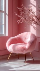 A pink chair sits in a room with pink walls and white floors.