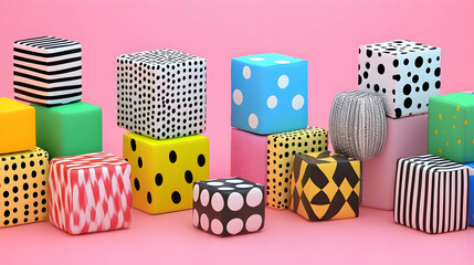 Colorful patterned cubes stacked on a pink background, playful design, geometric shapes, modern art.