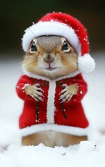 Chipmunk in Santa suit in snowy winter setting, ideal for holiday cards
