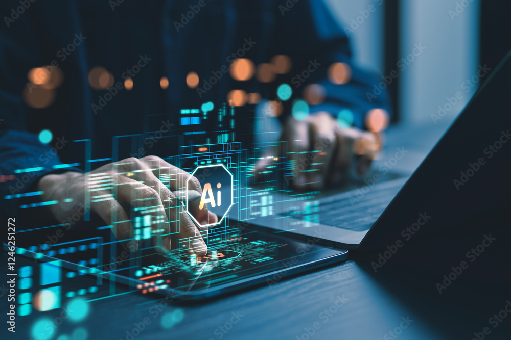 Wall mural humans are using laptops and computers to interact with ai, helping them create, code, train ai, or 