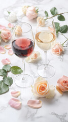 Red and White Wine Glasses with Roses on Marble Background