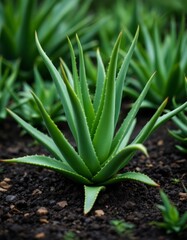 Obraz premium Lush Aloe Vera Plants Thriving in the Garden's Dark, Fertile Soil Bed