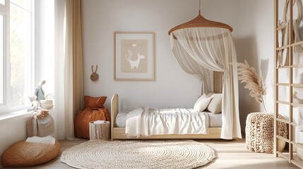 A serene and natural bedroom for children.