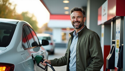 Smiling man refueling his car at a gas station with a cheerful expression
