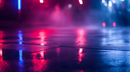 A dark, atmospheric scene featuring red and blue neon light beams reflecting on a wet surface, creating a futuristic, sci-fi-inspired ambiance.  
