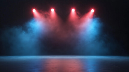 A dark, atmospheric scene featuring red and blue neon light beams reflecting on a wet surface, creating a futuristic, sci-fi-inspired ambiance.  
