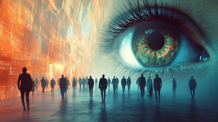 A surreal giant eye overlooks a crowd of silhouetted people in a glowing digital city, symbolizing surveillance and control

