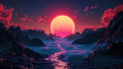 Vibrant sunset over a surreal landscape with mountains and misty river reflecting colors