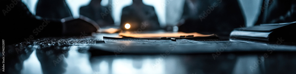 Poster documents on a table with blurred figures in background