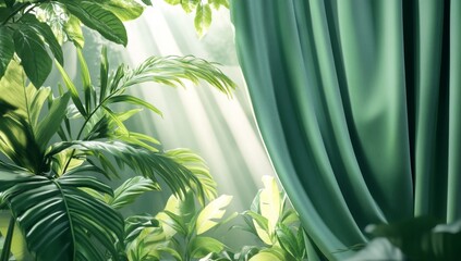 Lush jungle foliage behind parted green curtain, sunlight streaming