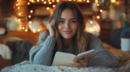 A young woman journaling in a cozy bedroom with fairy lights in the background, symbolizing self-reflection and personal growth