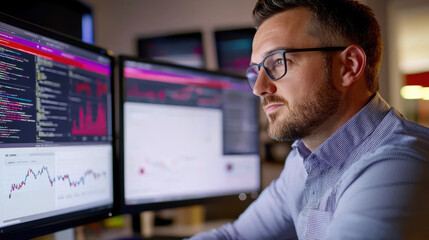 cybersecurity expert analyzing data on multiple screens, focused on trends and patterns in information