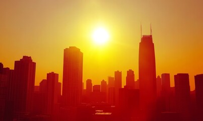 Fototapeta premium City skyline at sunset, warm orange glow, urban landscape