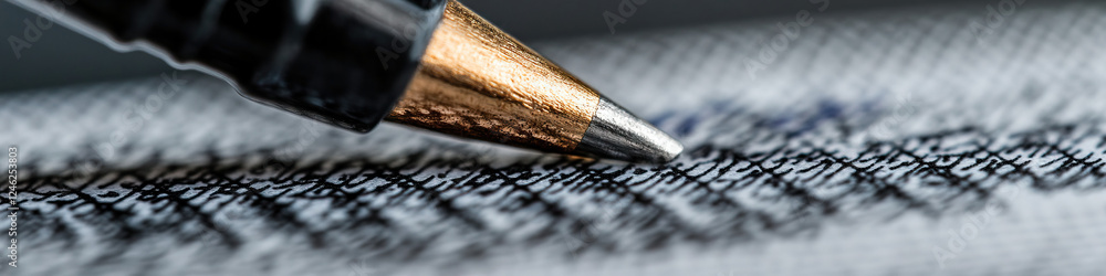 Poster close-up of pen tip above printed text