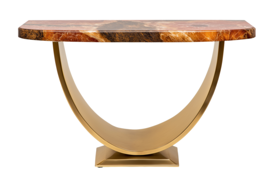 Curved console table with onyx marble top and brass base isolated on transparent white background