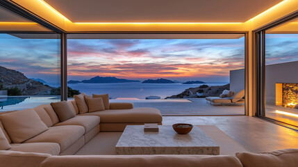 Fototapeta premium Modern Living Room with Sunset View over Cyclades
