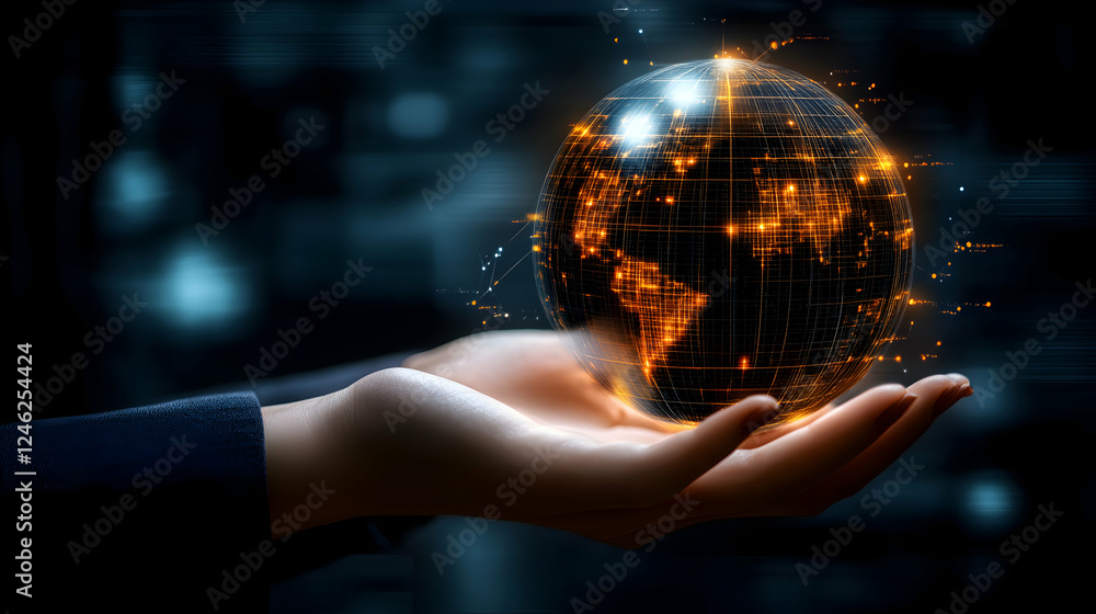 Poster hands gently cradle a glowing digital earth, symbolizing global connection and technological advance