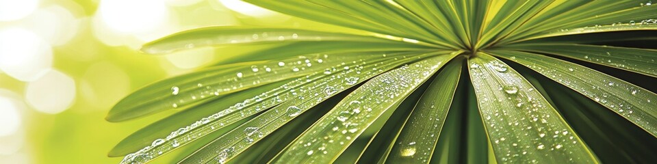 Tropical Leaf Texture Lush Green Foliage with Dewdrops, Backlit by Soft Natural Light
