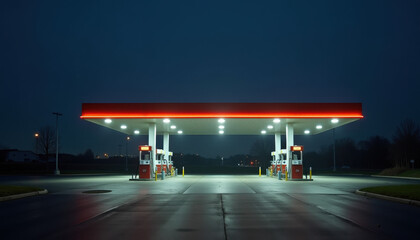 Serene Red Neon Gas Station with Orange Border in Sparse Nighttime Landscape
