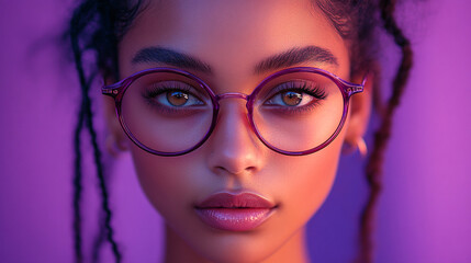 Fototapeta premium Stylish Woman Purple Glasses Portrait Closeup Studio Shot Eyes Girl Face Hair Look Model Style Image