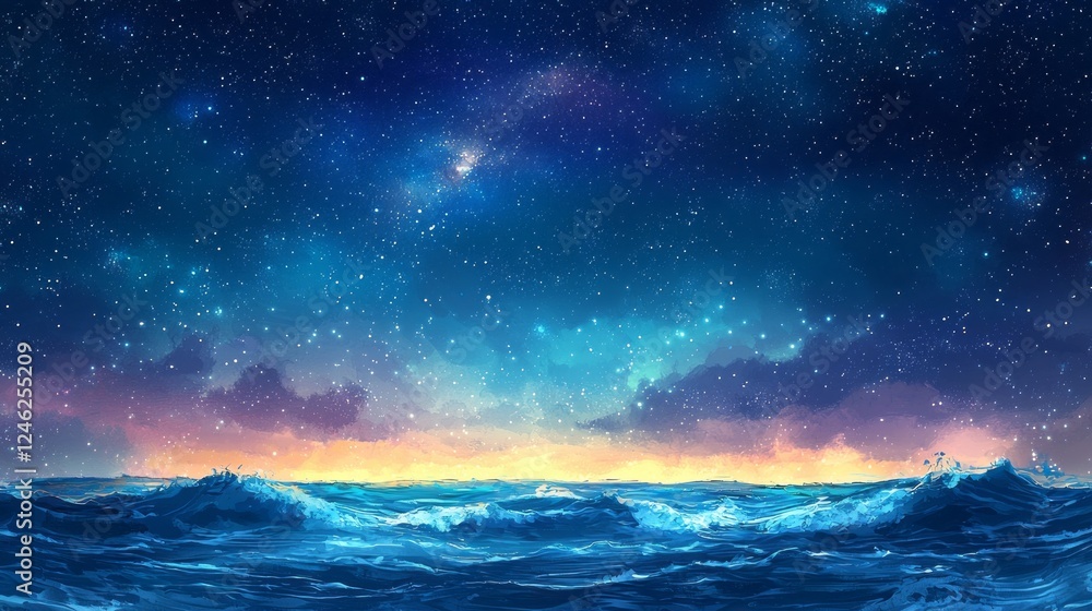 Poster majestic ocean waves roll beneath a breathtaking twilight sky, where stars twinkle against a rich pa