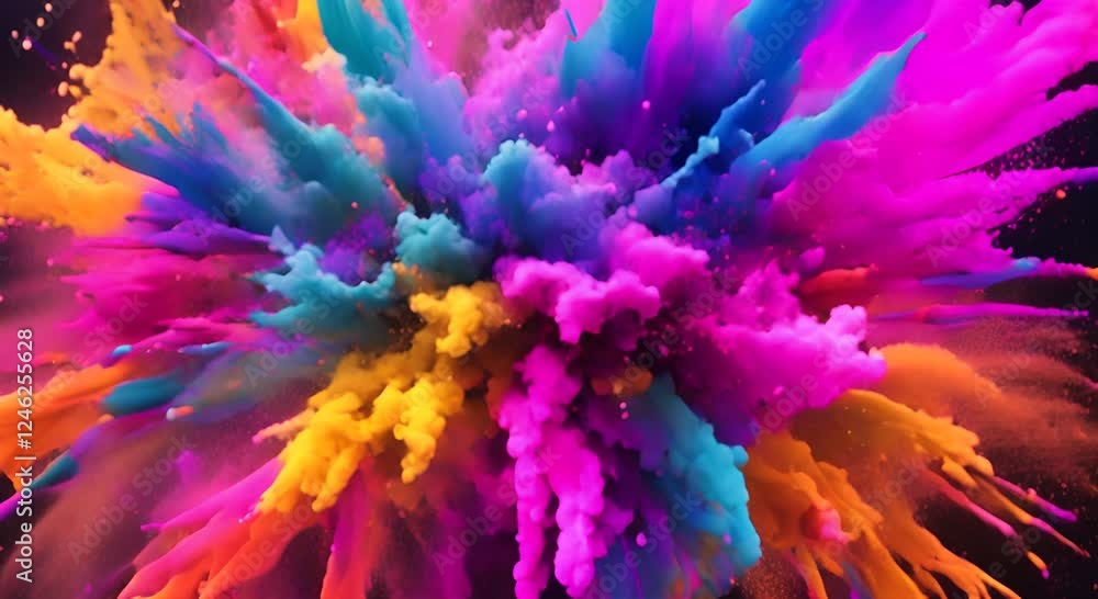 Poster explosion of bright colorful paint on black background burst of multicolored powder abstract pattern