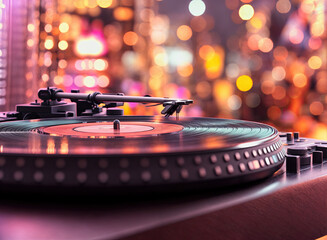A vintage turntable, needles poised over a record, bathed in the warm glow of a city night.