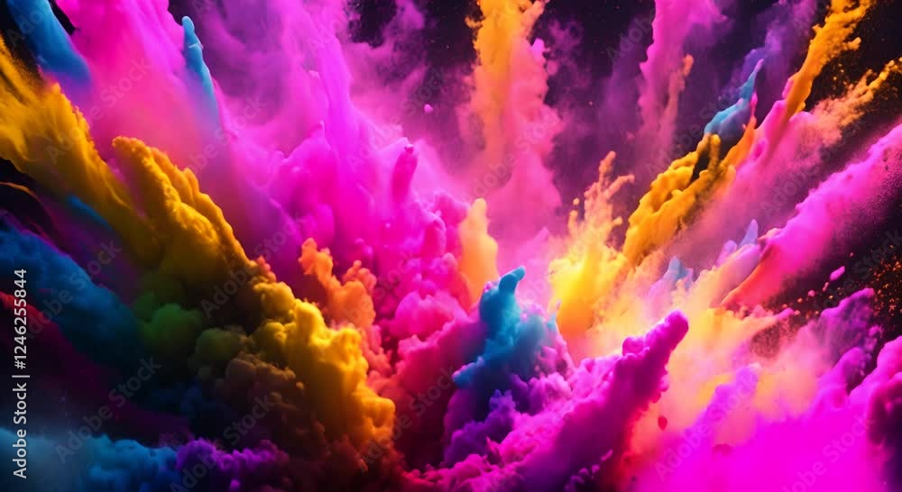 Poster explosion of bright colorful paint on black background burst of multicolored powder abstract pattern
