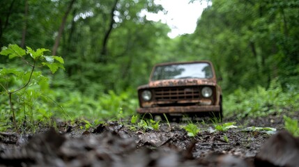 Rusty truck on forest trail, lush greenery background, nature exploration