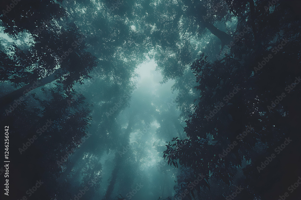 Poster enchanting misty forest scene, view from below, sunlight filtering through dense canopy, creating et