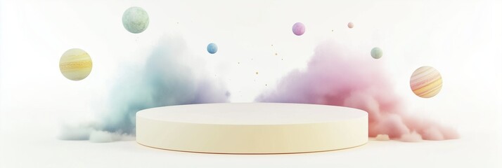 Pastel colored geometric podium with floating spheres and soft clouds