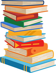 High book stacks or pile. Library textbooks and school literature heaps, dictionaries. Bookstore advertise. Cartoon stacked books angle view with different colorful covers isolated on white